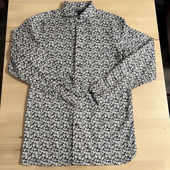 Cremieux Floral Mens Button Down Dress Shirt Size M Blue White Spread Collar - Picture 3 of 7